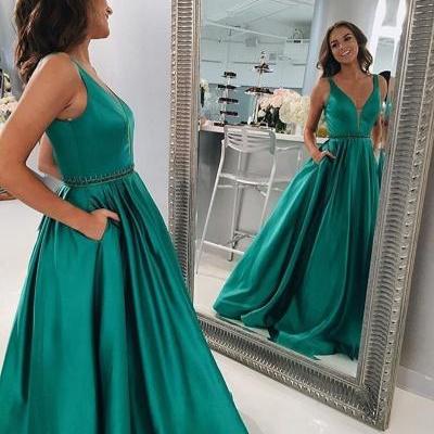 Deep V Prom Dress,Green Prom Dresses, Prom Dress with Pockets, Elegant Long Prom Dress,Sleeveless prom Dress HG1616