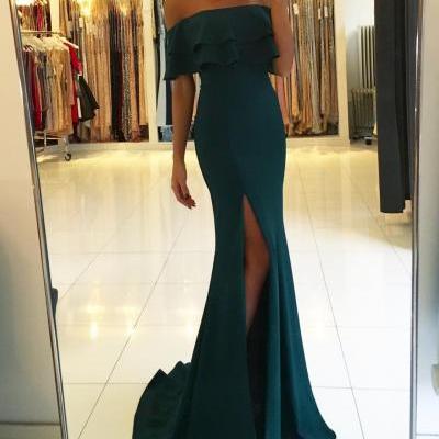 Forest Green Chiffon Ruffled Off-The-Shoulder Floor Length Trumpet Formal Dress Featuring Slit and Sweep Train