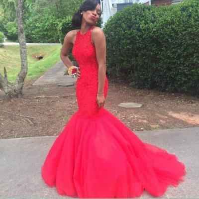 HG435 Prom Gown 2016,Mermaid Prom Gown,Red Prom Gown,Halter Prom Gown,Floor Length Prom Gown,Beaded Prom Gown,Long Prom Gown