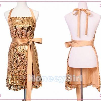 HG 523 Delicate Cute BowKnot Kitchen Aprons Restaurant Cooking Aprons Girls Beautiful Aprons Women Fashion Bling Gold Sequin Aprons