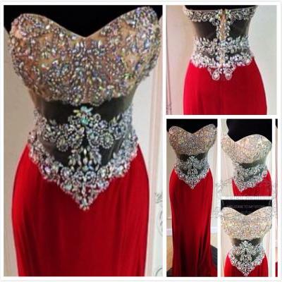 Sparkling Red Long Prom Dress,Beaded Prom Dress, Prom Gowns,Sexy Prom Dress,Sheer Prom Dress,Handmade Prom Dress with Sequin,Women Formal Prom Dress HG763