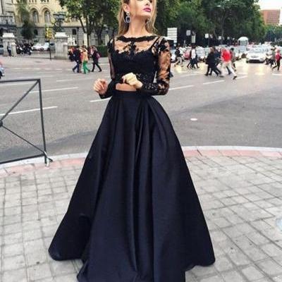 Prom Dress,Black Lace Prom Dress, Two piece Prom Dress,Long Sleeve Evening Dress, Formal Dress HG1061
