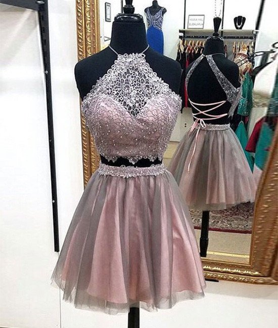 Halter Homecoming Dresses, Beaded Homecoming Dresses, Sweet Party Dresses Two Piece Short Homecoming Dress Hg1682