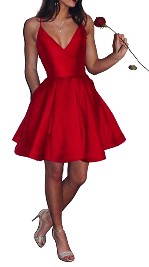 A Line Homecoming Dress, Little Red Junior Party Dress, Spaghetti Straps Short Homecoming Dress,satin Homecoming Dress Hg1699