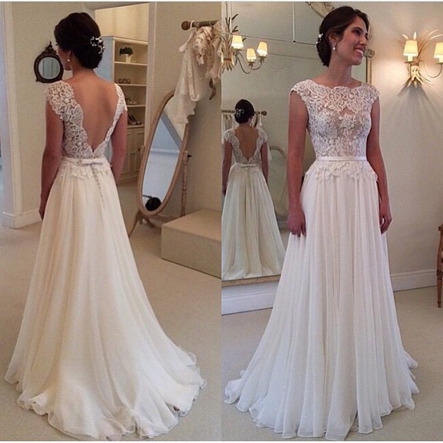 Lace Bateau Neck Cap Sleeves Floor Length Chiffon A-line Wedding Dress Featuring Plunge V Back And Bow Accent Belt